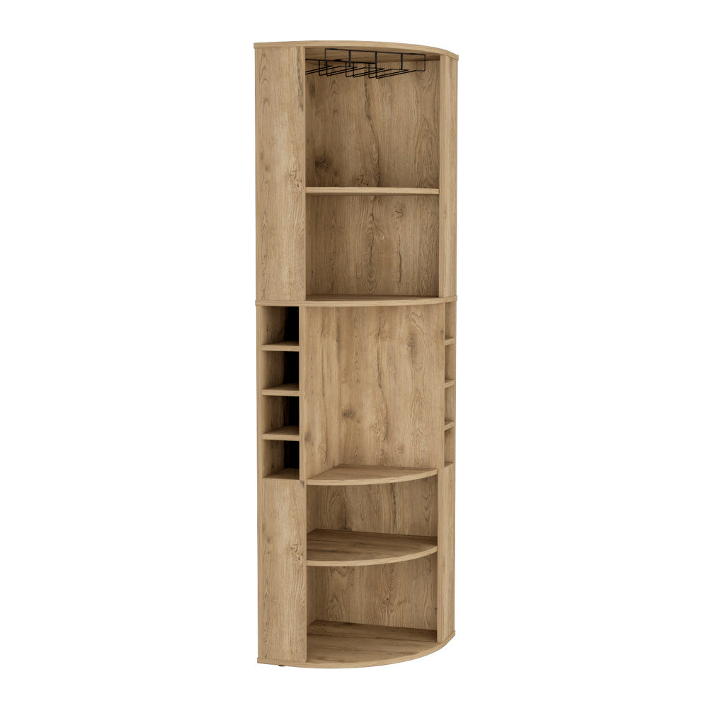 Oban Corner Bar Cabinet with Five Shelves , Eight Bottle Cubbies and Steamware Macadamia
