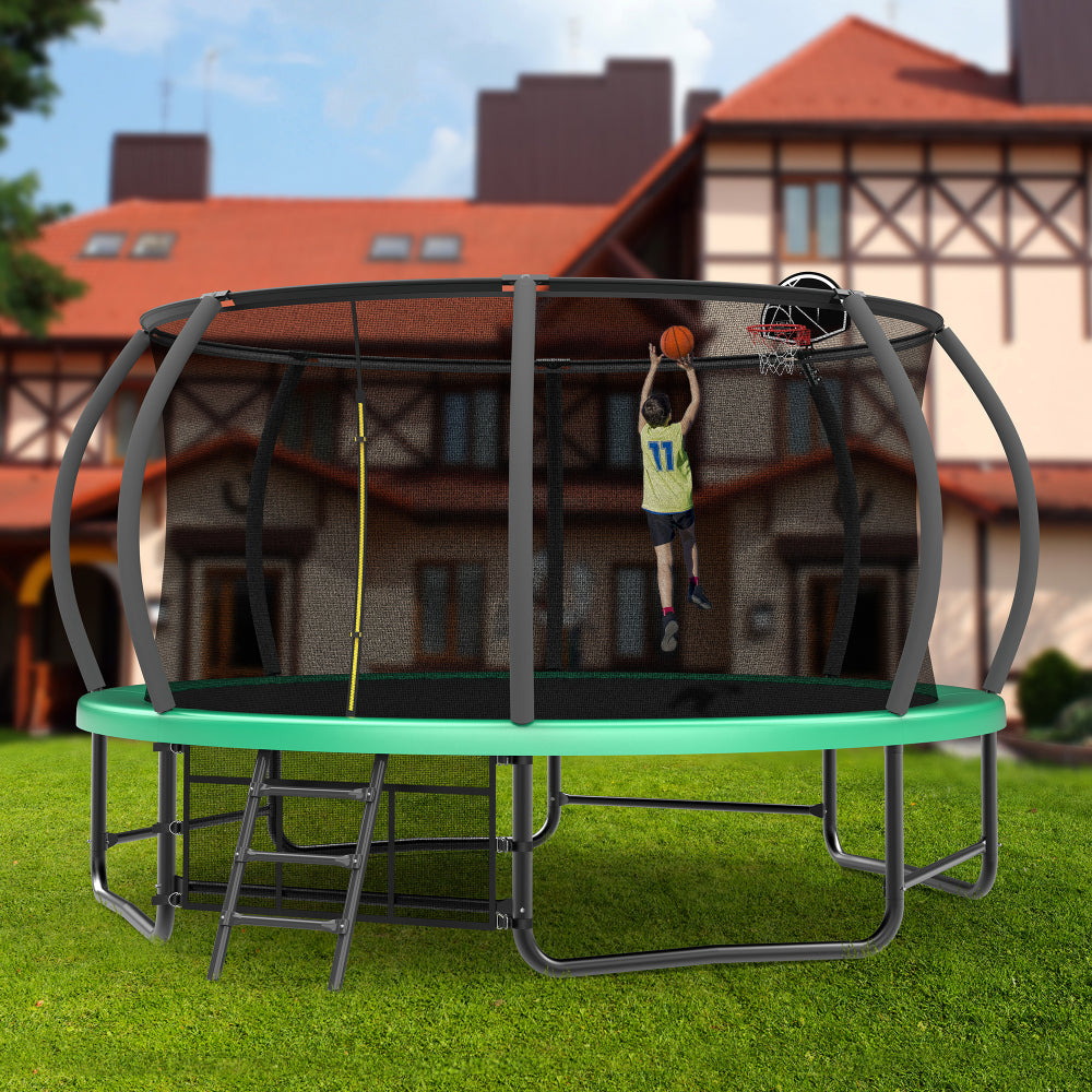 14FT Trampoline with Enclosure - Recreational Trampolines with Ladder and AntiRust Coating, ASTM Approval Outdoor Trampoline for Kids
