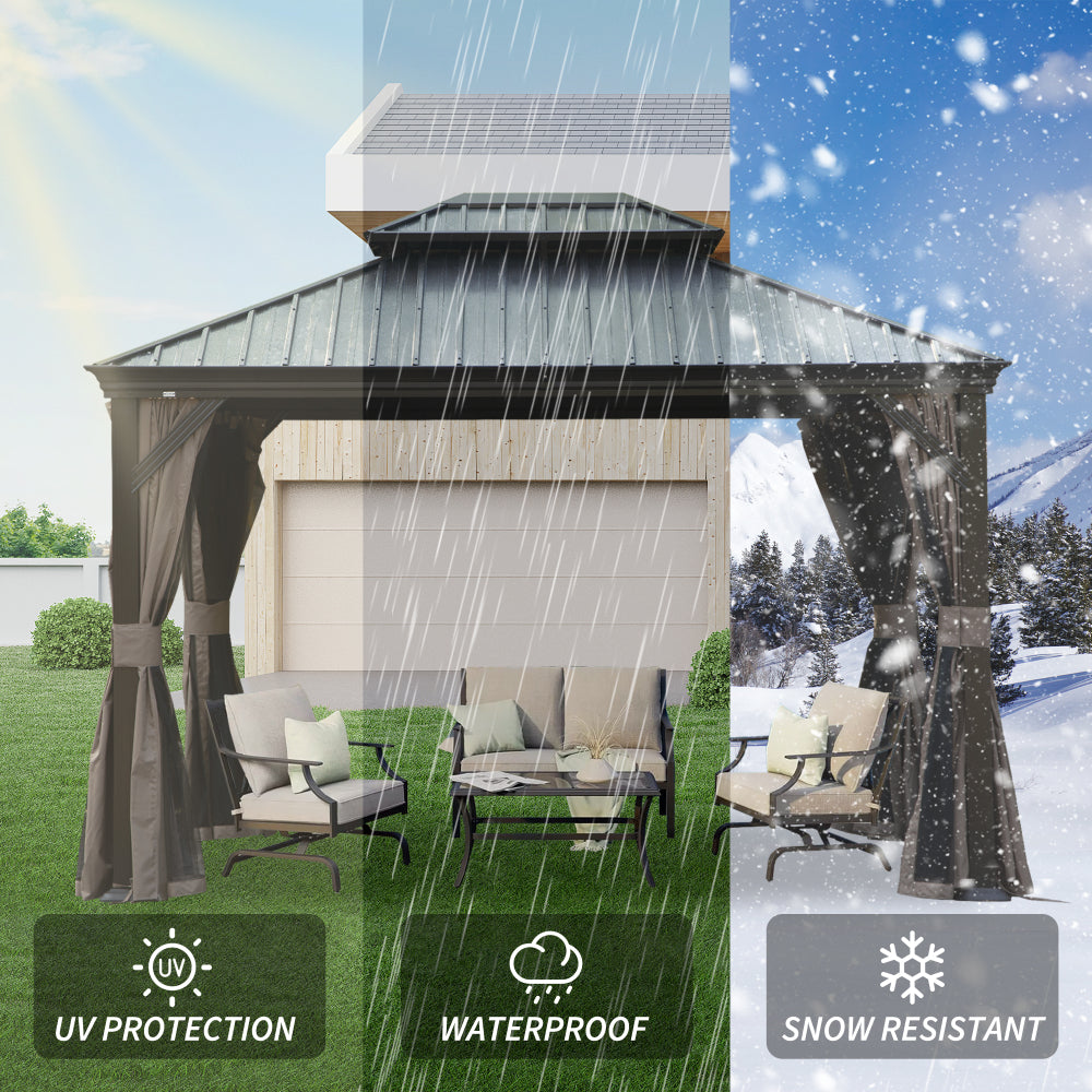 10' X 12' Hardtop Gazebo, Upgraded Metal Gazebo with Drainage System, Dual-Layer Galvanized Steel Roof, Curtain and Netting, Outdoor Shelter Canopy for Patio, Garden, and Backyard, Brown