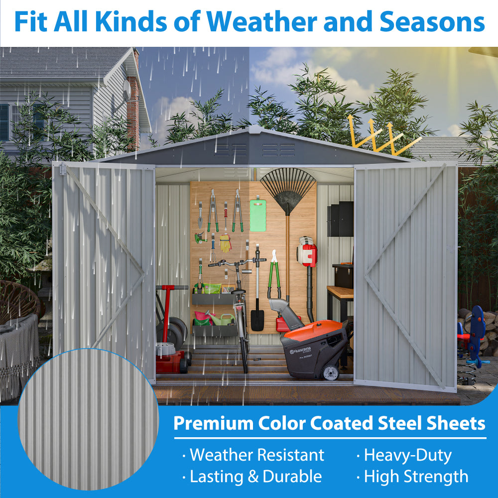 8 x 6 FT Outdoor Waterproof Garden Tool Storage Sheds with Metal Foundation with Floor Frame, Tool Shed with Lockable Hinged Doors & Air Vents, Storage House Waterproof for Backyard, Lawn, Gray