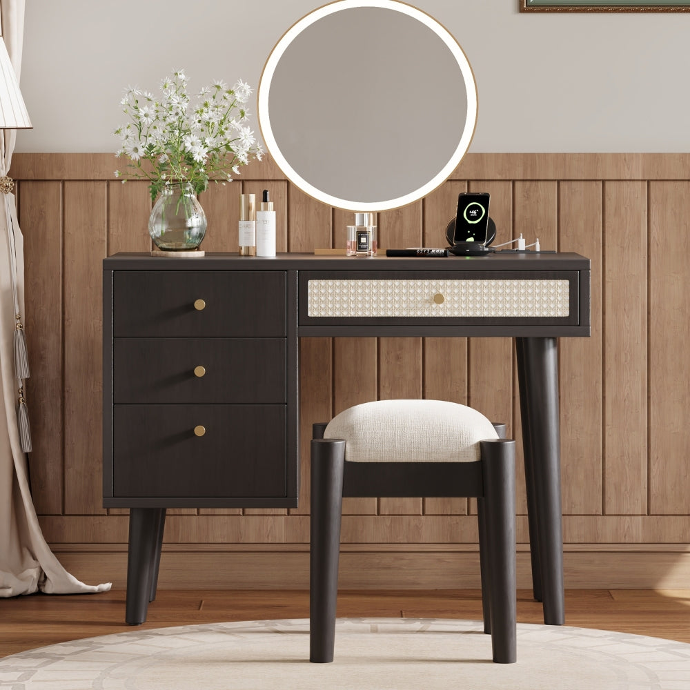 3 Pieces Bedroom Set with Queen Size Wooden Bed Frame, 1 Vintage  Nightstand and 1 Makeup Vanity Set with Stool,Black