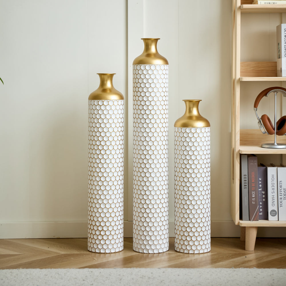 Floor metal vase modern style decoration home droplet shaped white metal vase 3-piece set gorgeous home decoration large glazed metal vase