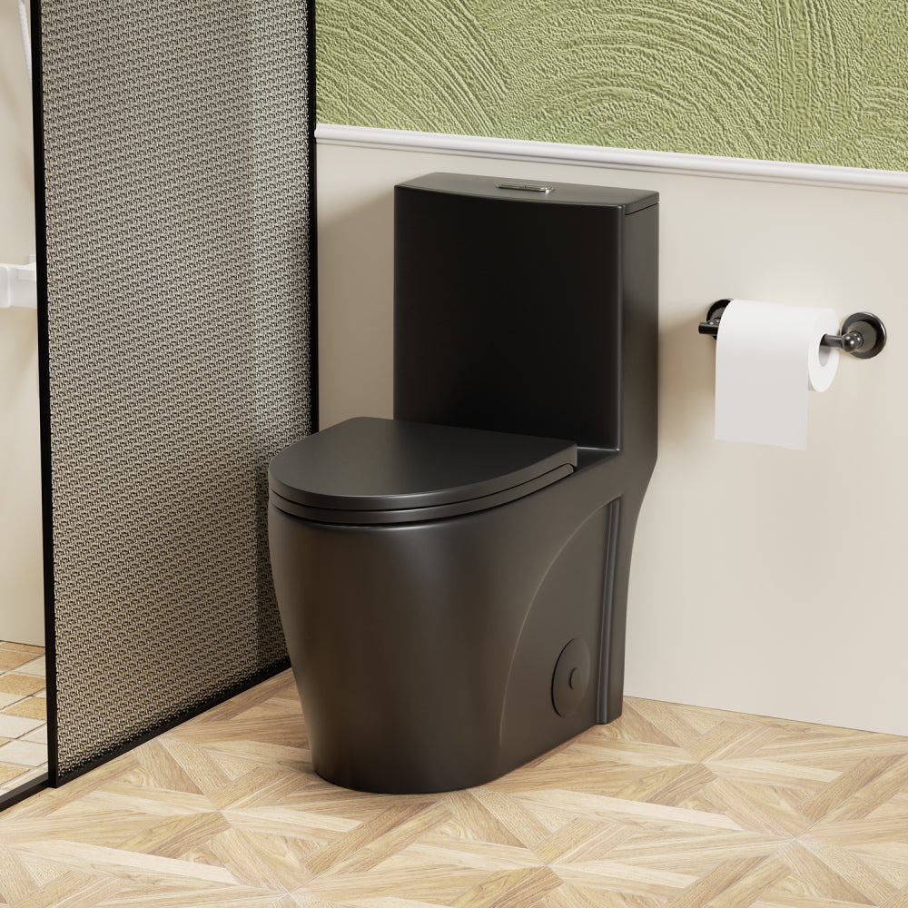 1.1/1.6 GPF Tornado Flush One-Piece Toilet for bathrooms,Siphonic S-trap 12",Elongated Bowl with Soft Close Seat,Powerful Dual Flush MAP 1000g,Comfort Chair Seat ADA Height 17", Matte black MB-001
