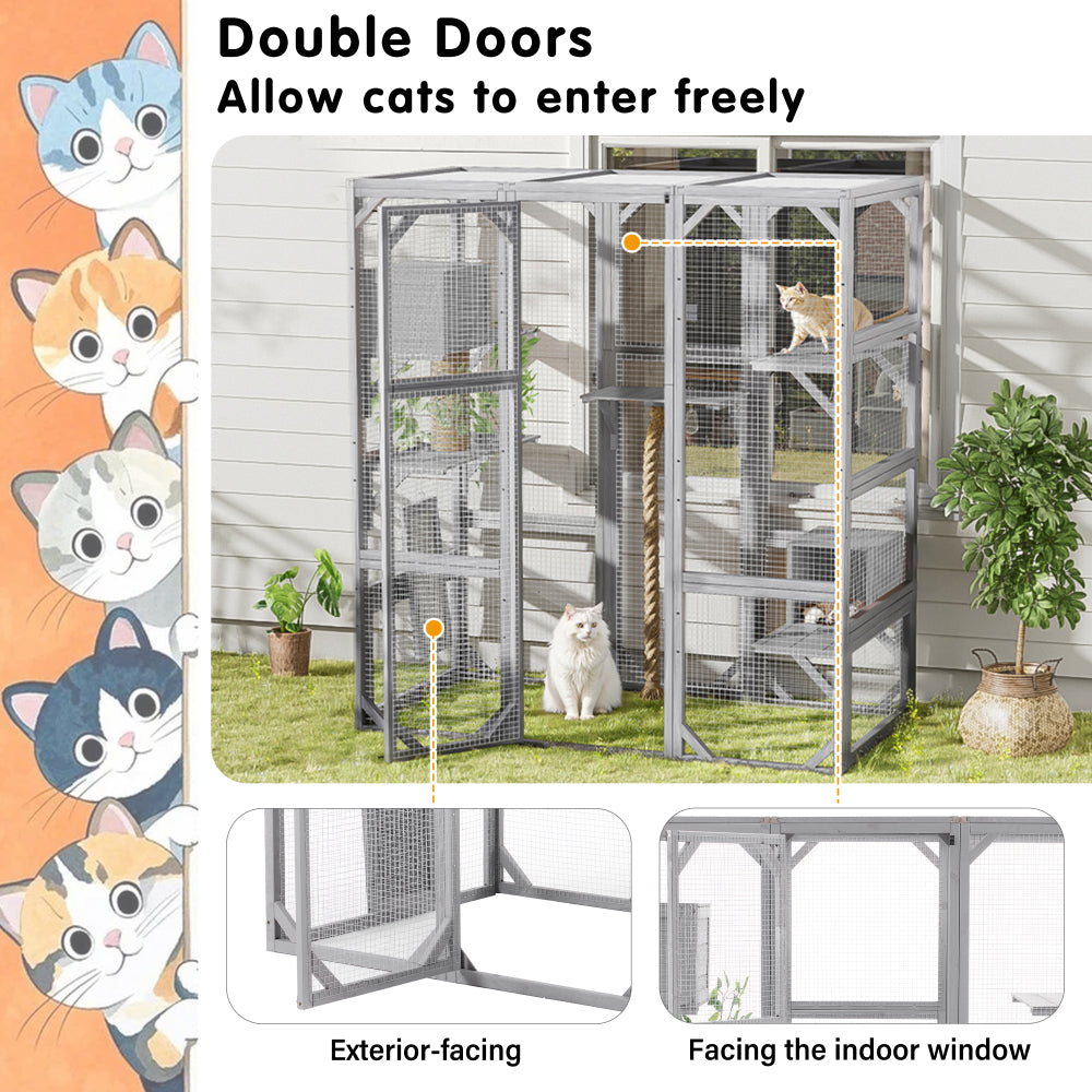 Outdoor Cat House, DIY Cat Enclosure, Cat Catio with Double Enter Doors, 62.8"L x 32.2"W x68.5"H Balcony Cat Playpen with Platforms and Two Condos for 1-3 Cats, Light Grey