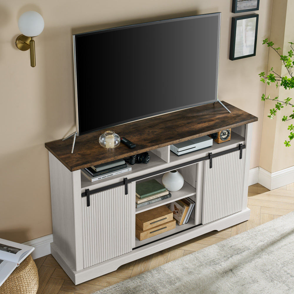 TV Stand for 65 Inch TV, Entertainment Center with Storage Cabinets and Sliding Barn Door, Mid Century Modern Media Living Room Bedroom TV Console Table