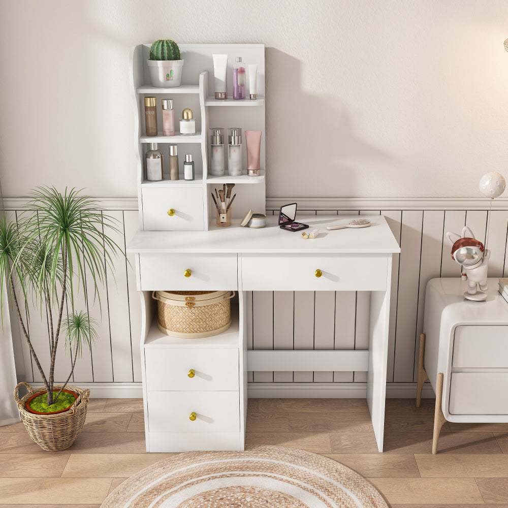 White dressing table, mirror and LED light, 5-drawer dressing table, movable and hidden mirror, 3-color mode touch screen, storage organizer for women's and girls' bedrooms