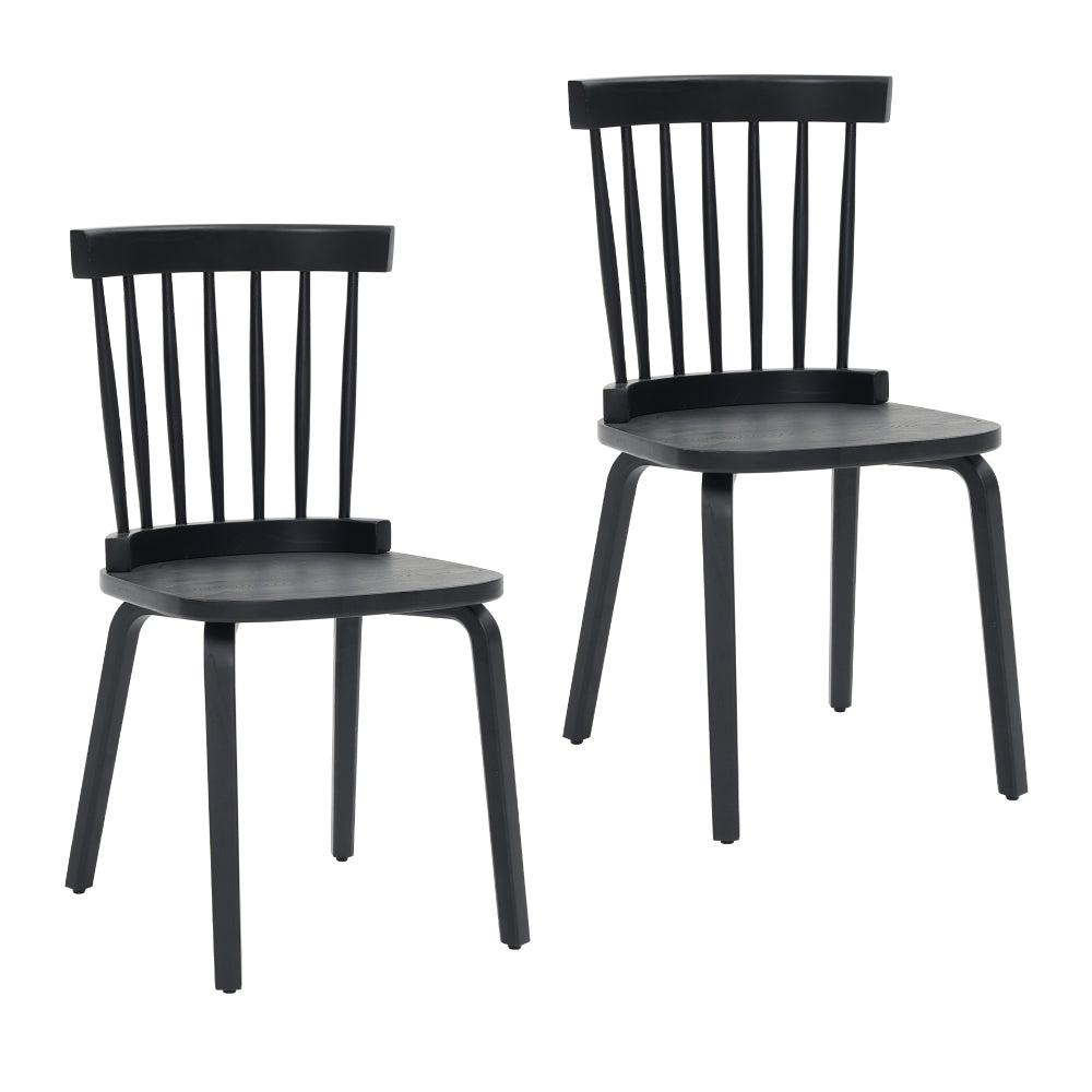 Wood Dining Chairs Set of 2 Farmhouse Spindle Back, Widen Seat, Modern Mid-Century Country Style, Black