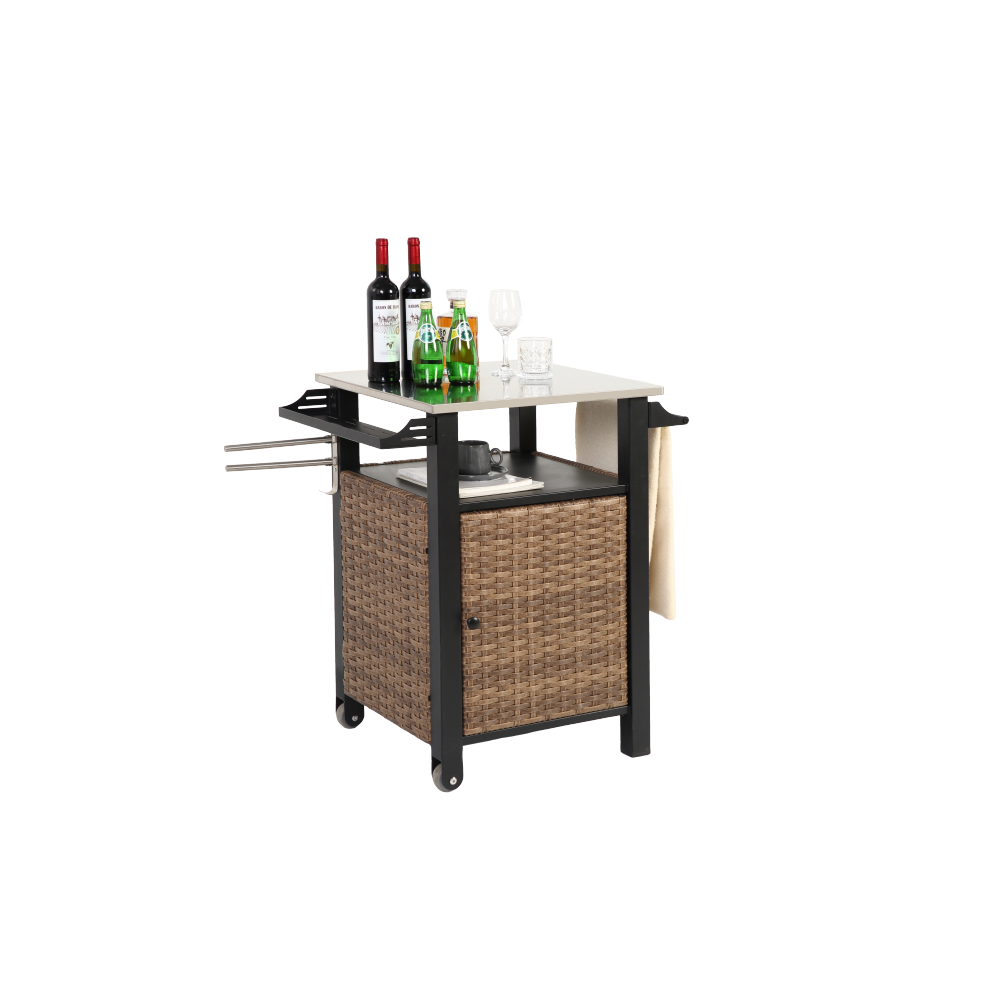 Single door bar cart,Outdoor Kitchen Wicker Island Rolling Cart & Storage Cabinet, Wheels and Stainless Steel Extended Table Top, Side Handle for Patio Kitchen or Bar Cart, Brown