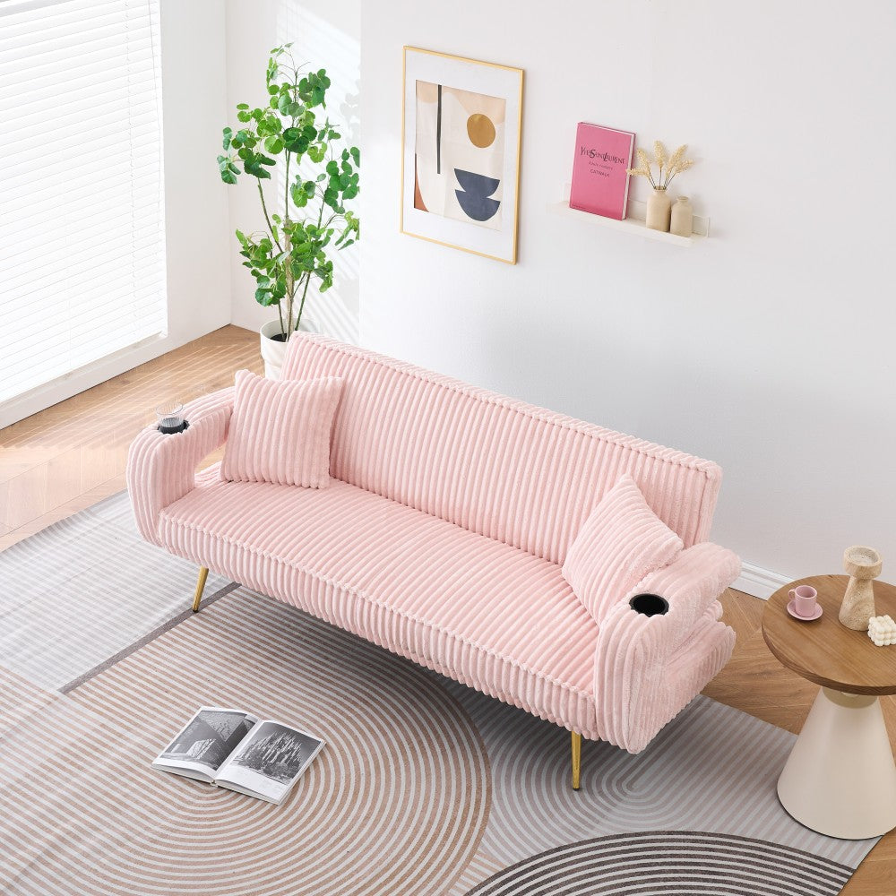 The straight-row white corduroy sofa with throw pillows, featuring a minimalist style, is suitable for the living room and study