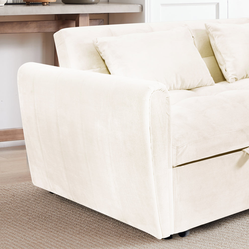65"3-in-1 foldable large size sofa bed, modern velvet double sofa, sofa bed with adjustable back, storage bag and pillow, suitable for living room, bedroom (beige)