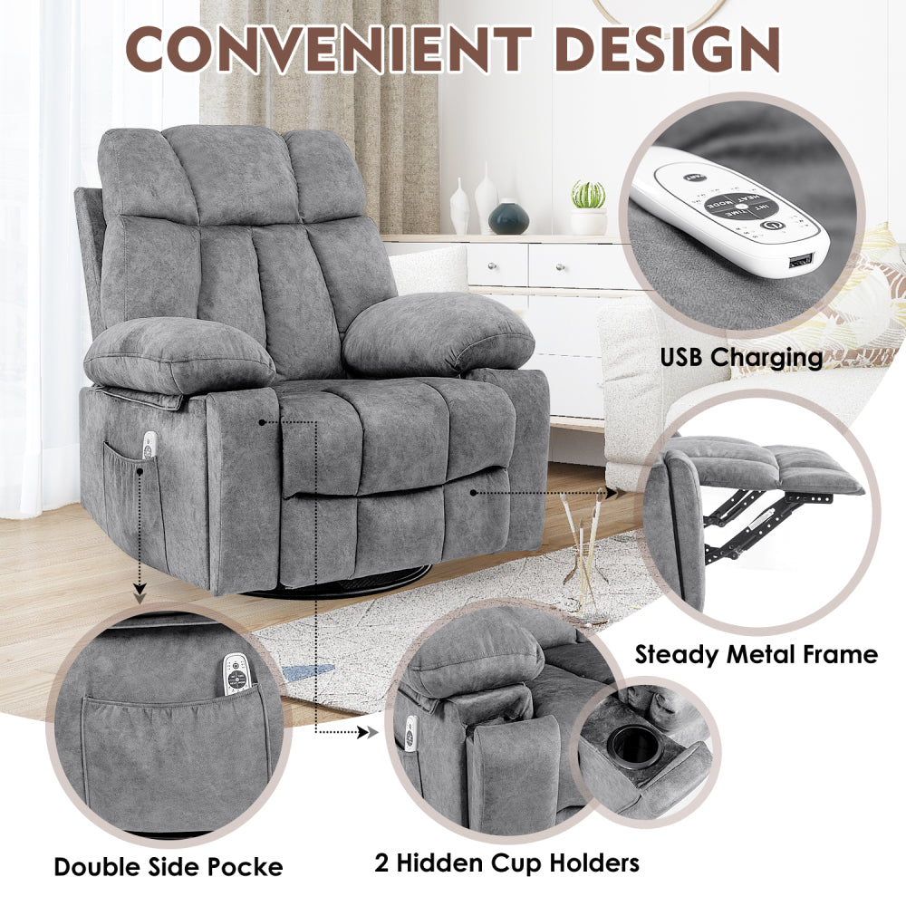 Massage Swivel Rocker Recliner Chair, Massage Chair for Living Room with Vibrating Massage and Heating Function,  Ergonomic Lounge Chair with Rocking Function and Side Pocket, USB Charging Port(Grey)