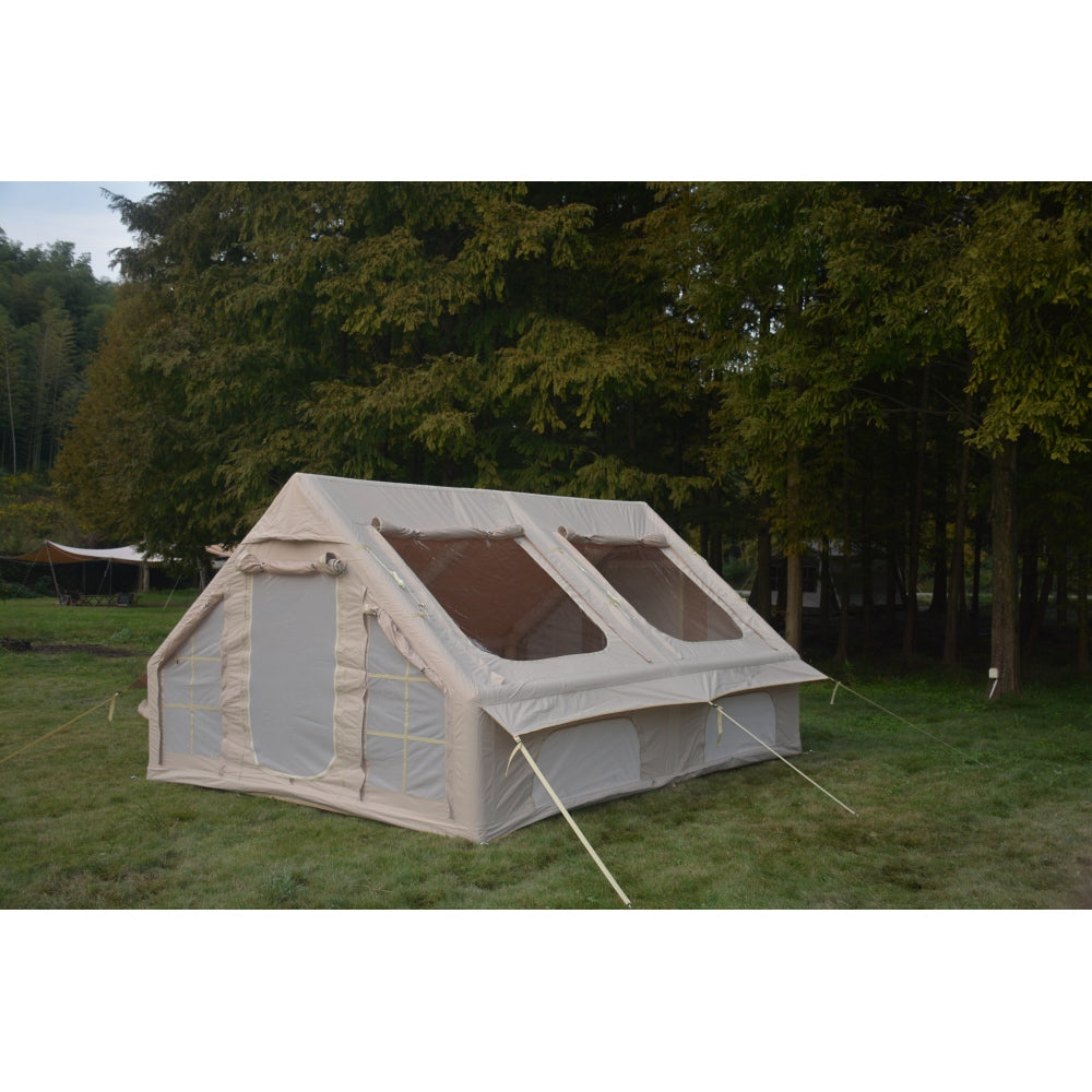 9.8 x13ft  Inflatable Camping Tents with Hand Pump, Air Glamping Tents, Easy Setup Waterproof and Windproof Blow up Tent, 4 Seasons Oxford Cabin Tent with Mesh & Chimney Window. Beige