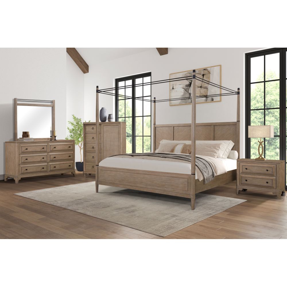 Queen Canopy Bedroom Set with a 2 Drawer Nightstand. a modern Dresser with Poster Mirror and a Door Chest.