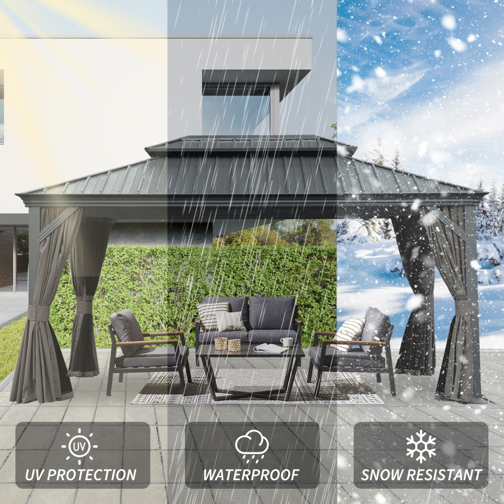 12' X 16' Hardtop Gazebo, Upgraded Metal Gazebo with Drainage System, Dual-Layer Galvanized Steel Roof, Curtain and Netting, Outdoor Shelter Canopy for Patio, Garden, and Backyard, Gray