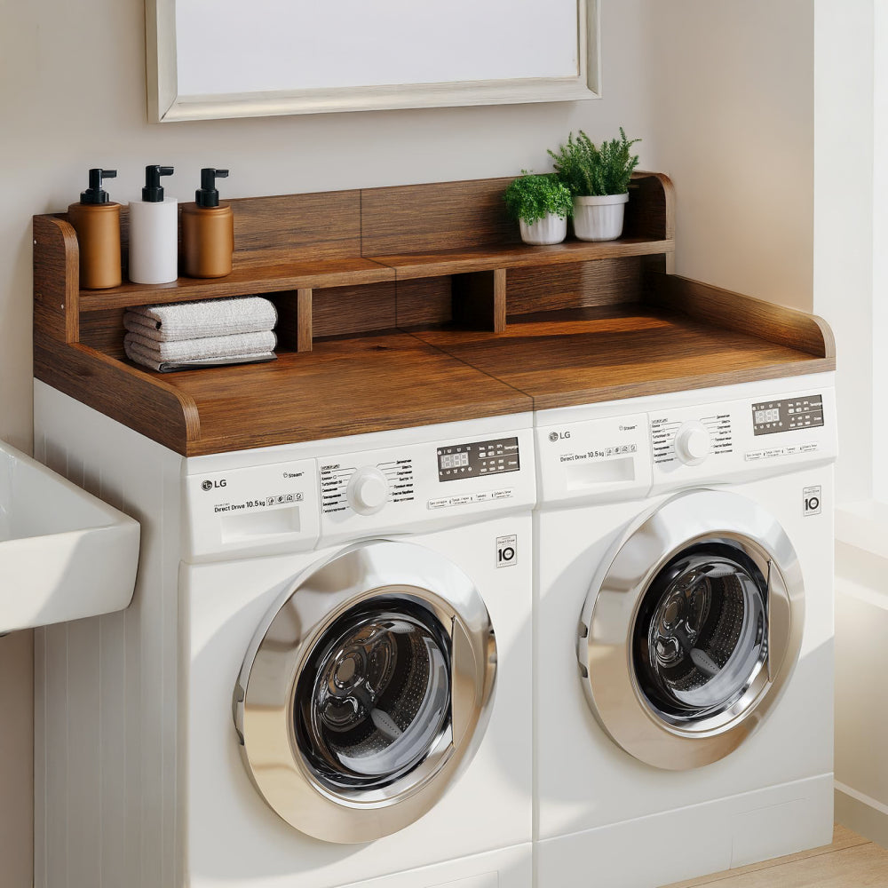 Washer Dryer Countertop with Non-slip Pads, Laundry Wood Shelf Topper with Edge, 54" Width x 27.5" Depth Double Layer Organizer for Washer and Dryer Laundry Hamper Counter Storage Organization(WALNUT)