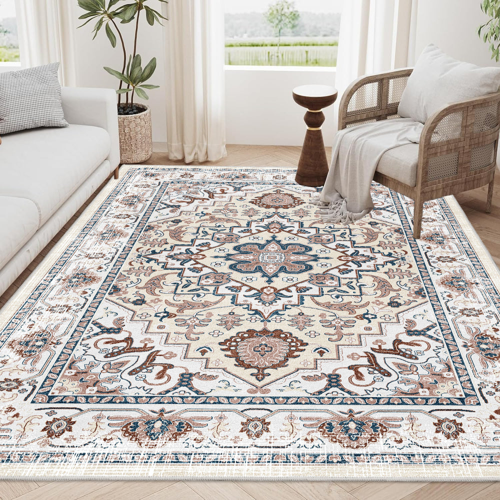 Area Rug 5x7 Vintage Bohemian Persian Non-slip Washable Rug For Living Room Kitchen Bedroom Living Room Flower Design Orange-yellow
