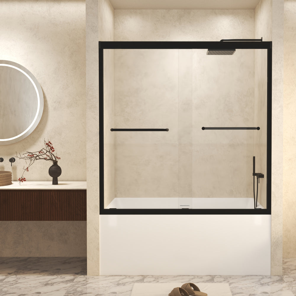 56-60" W × 60" H Tempered Glass with Explosion Proof Film, Aluminum Frame Double Sliding Shower Door, "1/4 (6 mm), Stainless Steel handle, Matte Black