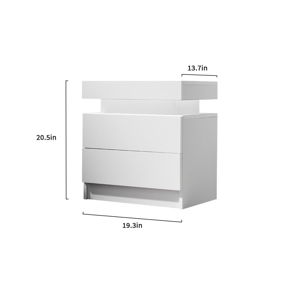 Nightstand LED Bedside Table Cabinet Lights Modern End Side with 2 Drawers for Bedroom (White)