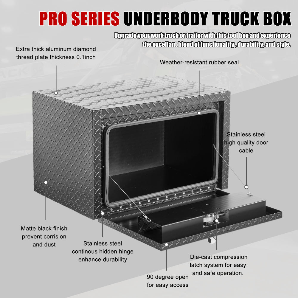 30 inch aluminum underbody truck tool box heavy duty underbed toolbox tool storage organizer chest with lock and keys, waterproof trailer box, extra thick diamond thread plate matte black finish