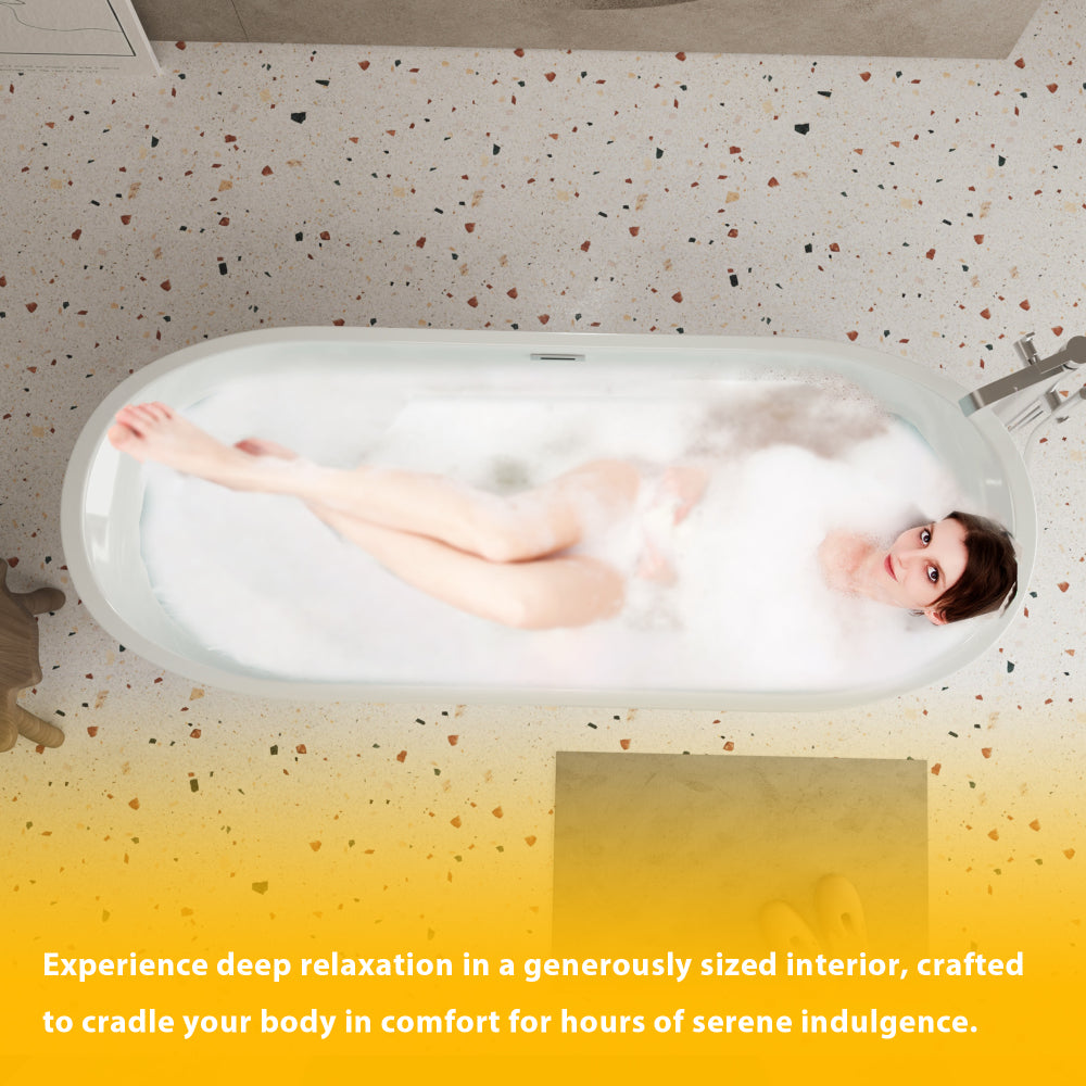 67'' acrylic freestanding bathtub with unique diamond pattern design: spacious oval shape,  Gloss white finish, Chrome overflow and pop-up drain CUPC Certificate