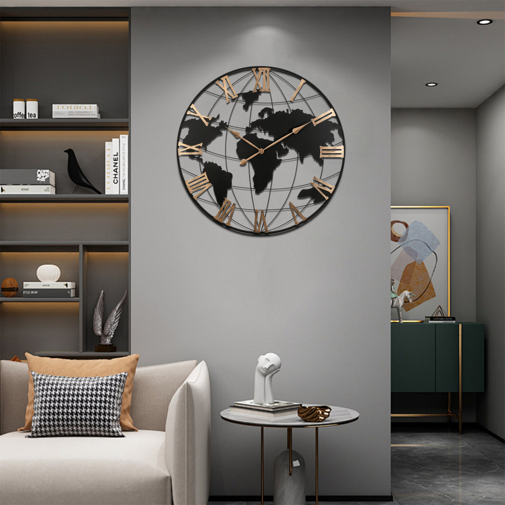 36 Inch Extra Giant Large Black Metal Wall Clock, Modern Silent World Map Wall Clock with Vintage Gold Roman Numeral, Decorative for Living Room, Entryway, Dinning Room, Bedroom