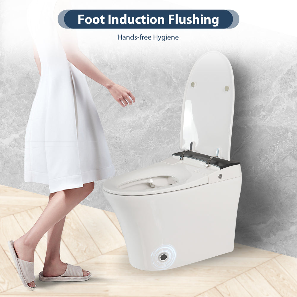 Heated Seat Smart Toilet, One Piece Toilet, Automatic Flush Tankless Toilet without Bidet, with Foot sensor Flush, Blue Night Light, Knob Control, Power Outage Flushing, Soft Close Cover,White