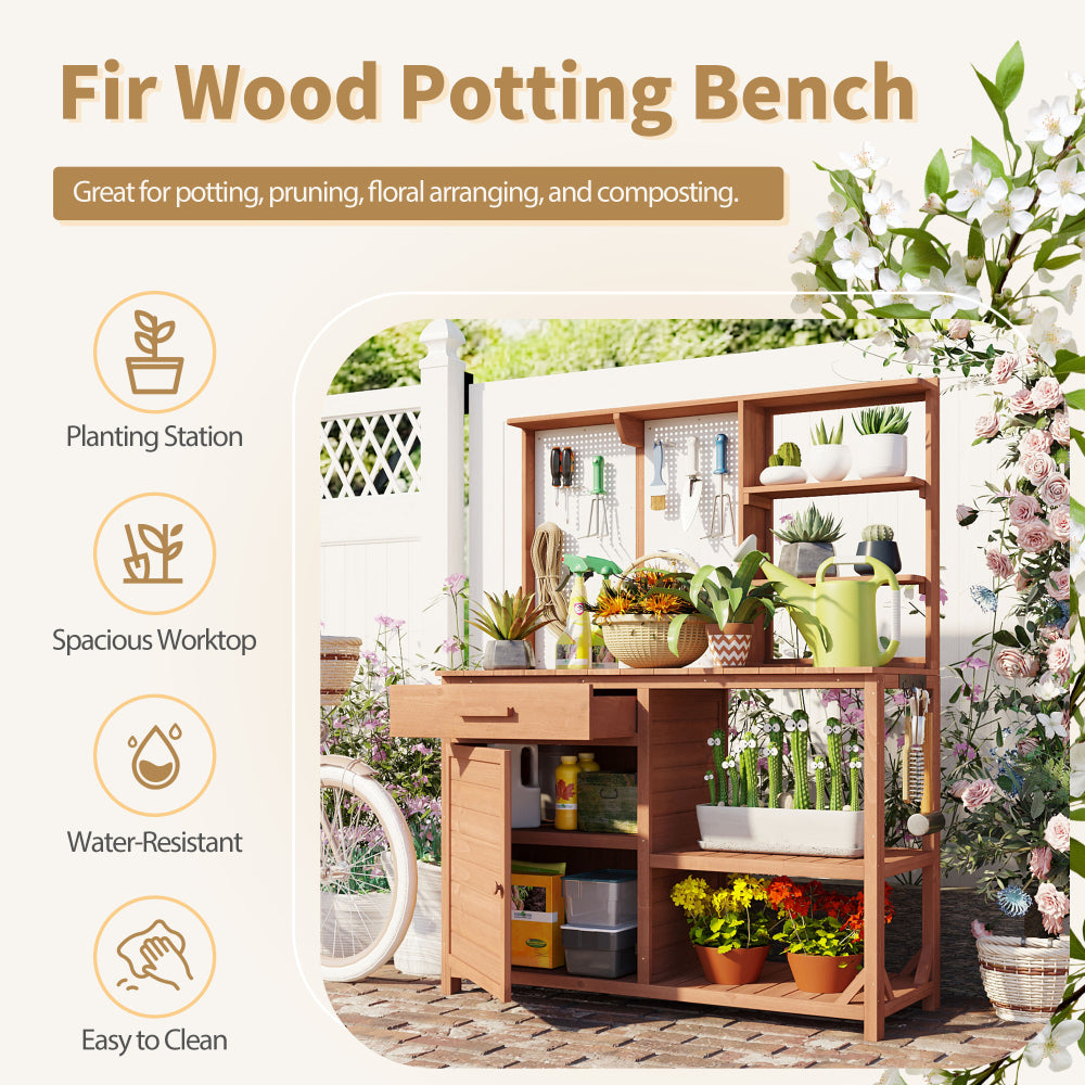 [Assembly Video] TOPMAX Fir Wood Potting Bench with Hutch, Garden Workstation for Planting, 4 Shelves & Adjustable Storage, Pegboard with Hooks, 50.2''Countertop, Drawer & Cabinet, Brown