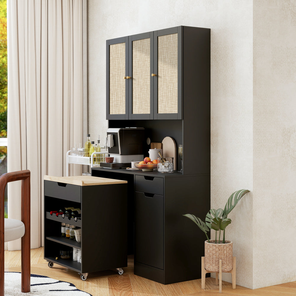 69.29" Kitchen Pantry Storage Cabinet, Modern Buffet Cabinet with Kitchen Cart, Tall Kitchen Hutch Cabinet with Microwave Stand, Food Pantry Cabinet with 3 Rattan Doors and Adjustable Shelves , Black