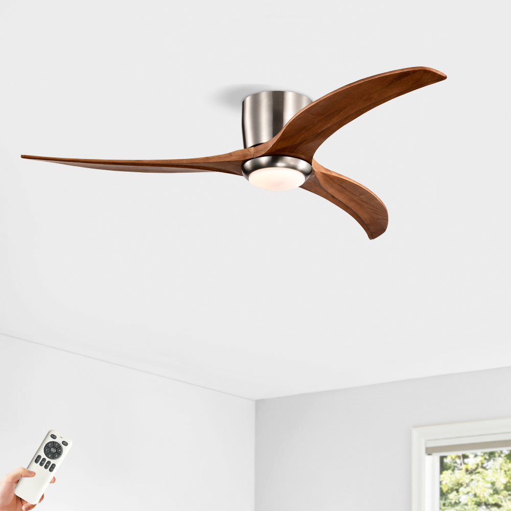52" Flush Mount Ceiling Fan Solid Wood Blades Ceiling Fan With Light with Remote Control, Noiseless Reversible Motor, 6 Speed, for Patio Living Room, Bedroom,Indoor--(Stain Nickel)