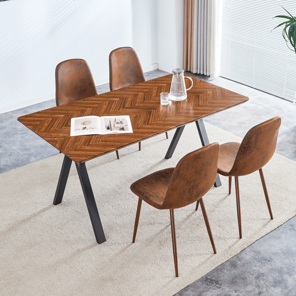 Set of 4 Modern Transferred Walnut Leg Suede Backrest Dining Chair and Herringbone MDF Dining Table Set - A Model of Elegance and Durability for Home Furnishing.
