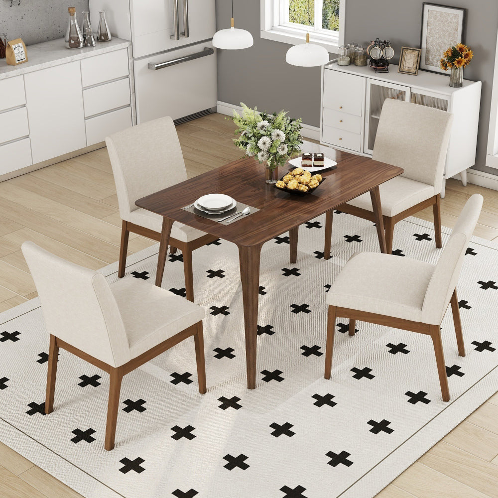5-Piece Dining Table Set with One Solid Wood Frame Table and 4 Upholstered Chairs for Dining Room (Walnut+Light beige)