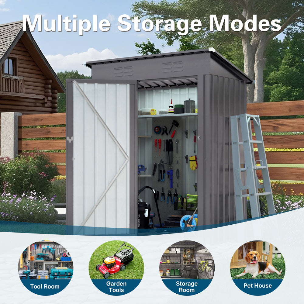 5X3 FT Metal Outdoor Storage Shed, Tool Shed with Pitched Roof and Lockable Door Compact Metal Tool Shed for Garden, Backyard, Patio, Everyday Sundries and Bike Storage, Gray