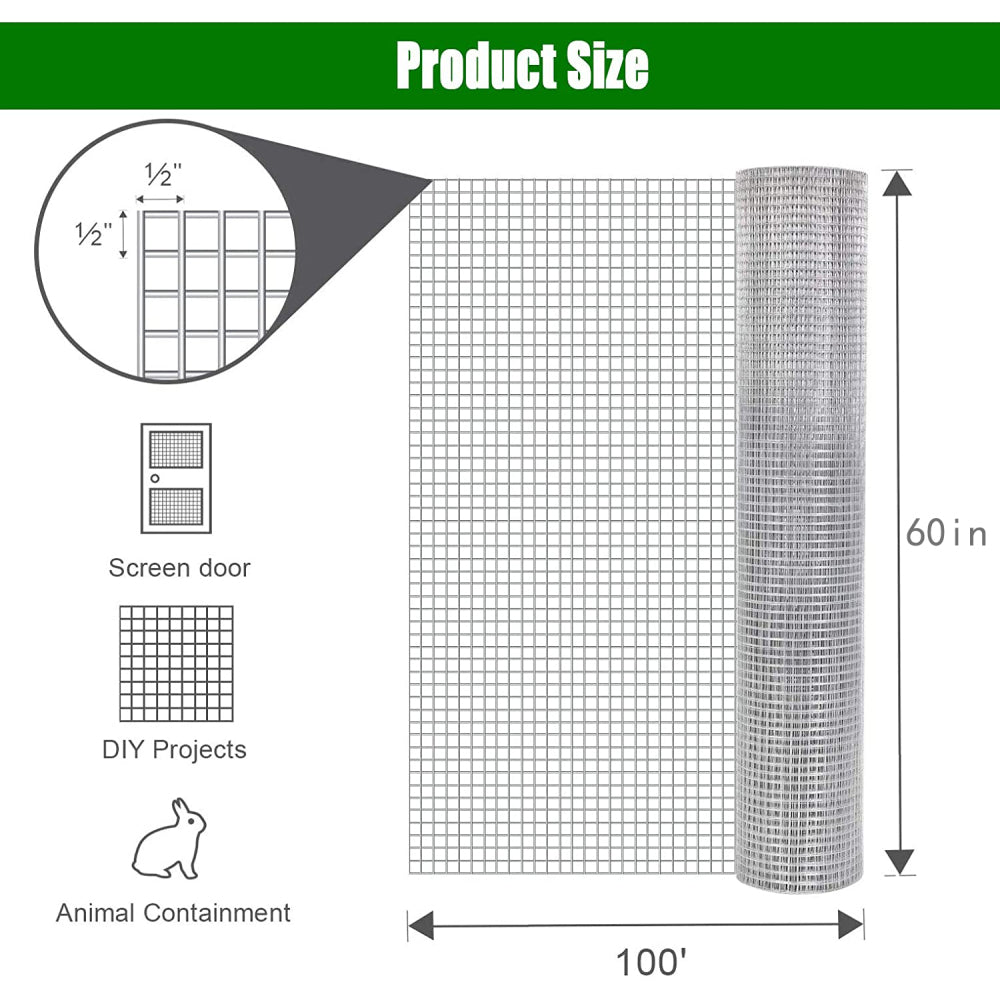 Hardware Cloth 1/2 inch 60in x 100ft 19 Gauge, Hot-dip Galvanized After Welding Chicken Wire Fence Roll Garden Plant Welded Metal Wire Fencing Roll, Rabbit Cages Snake Fence