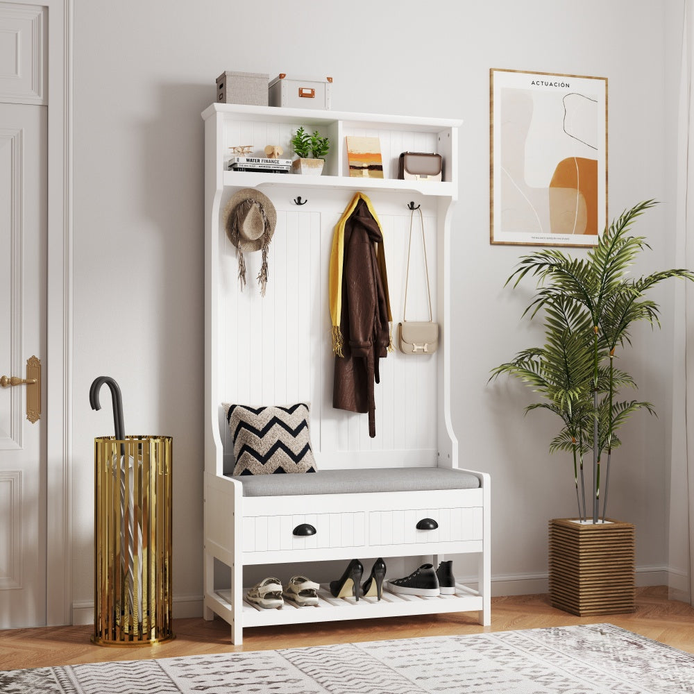 3-in-1 Hallway Hall Tree with 2 Storage Drawer and 4 Coat Rack, Wooden Entryway Shoe Rack Bench with Padded Seat Cushion, Mudroom Bench with Top Storage Shelf