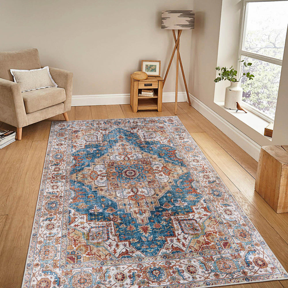 Area Rug 5x7 Vintage Bohemia Large Persian Non-slip Washable Rug For Living Room Kitchen Bedroom Living Room Flower Design Blue/Yellow