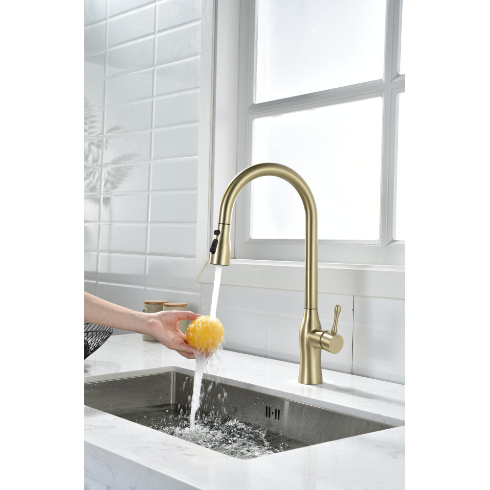 Pull-Down Single Handle Kitchen Faucet in Brushed Gold