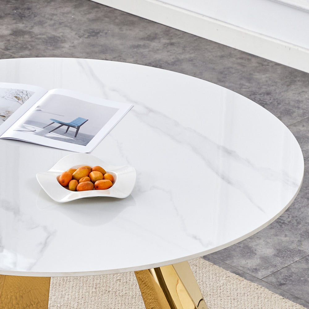 42" Luxury Sintered Stone Table: 0.45" Durable Top + 6" Steel Legs, 500lb Capacity, Stain/Heat-Resistant White/Gray Veined Surface - Modern Minimalist Design