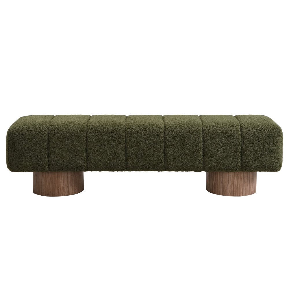 Upholstered Dining Bench for Dining Room, No-Assembly End of Bed Entryway Bench Ottoman for Bedroom Living Room, Green Boucle Fabric Stool Top Wood Leg 300 LBS Weight Capacity