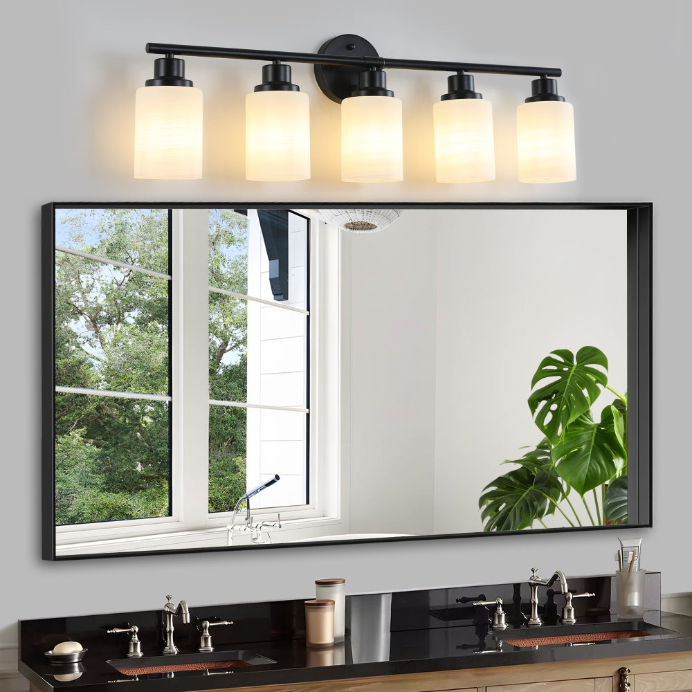 31" Modern 5-Light Vanity Bathroom Mirror Light, Frosted White Glass with Black Iron Frame, Contemporary Wall Sconce for Bedroom, Bathroom, and Dressing Room (Bulb Not Included)