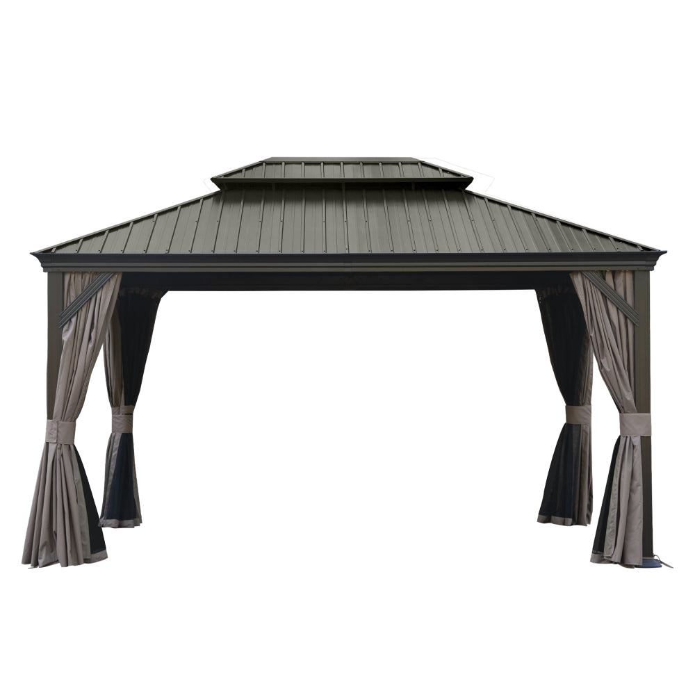 10' X 14' Hardtop Gazebo, Upgraded Metal Gazebo with Drainage System, Dual-Layer Galvanized Steel Roof, Curtain and Netting, Outdoor Shelter Canopy for Patio, Garden, and Backyard, Brown