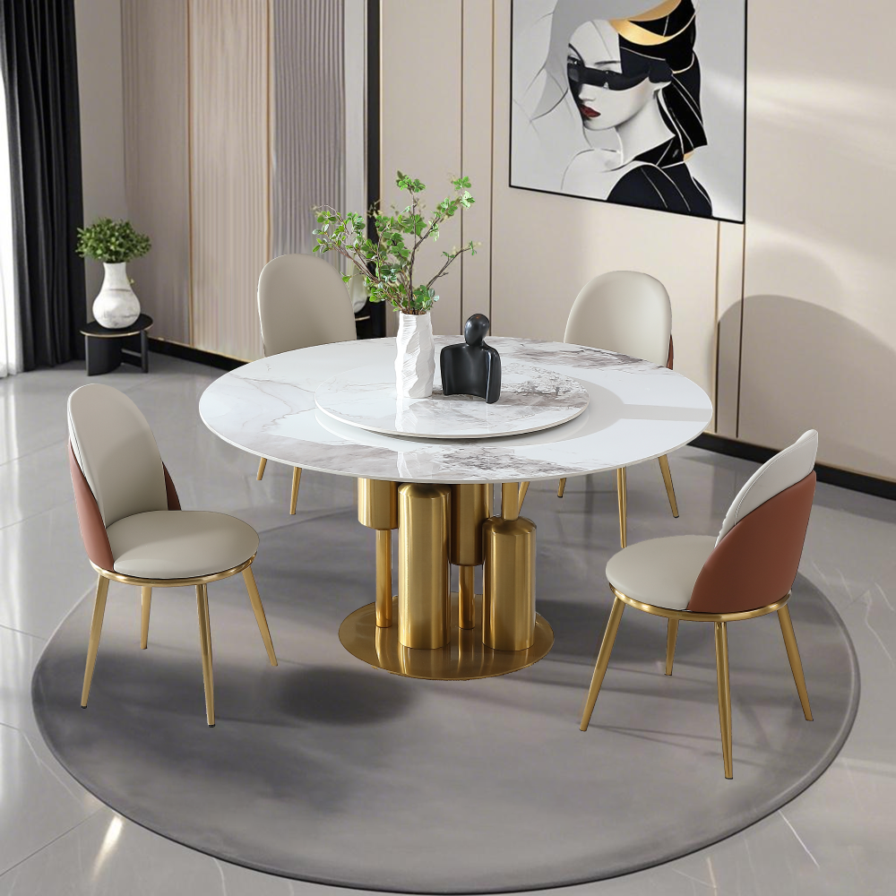 53" Round Modern Marble Dining Table with Lazy Susan, Sintered Stone Top for Kitchen, Dining Room, Dinette, Space Saving Design(4 chairs)