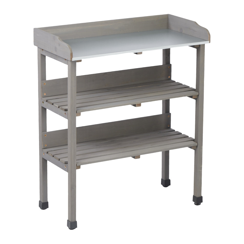 Outdoor Wooden Garden Cart Table with Wheels, Metal Top and Storage Hook, for Patio Backyard Garden