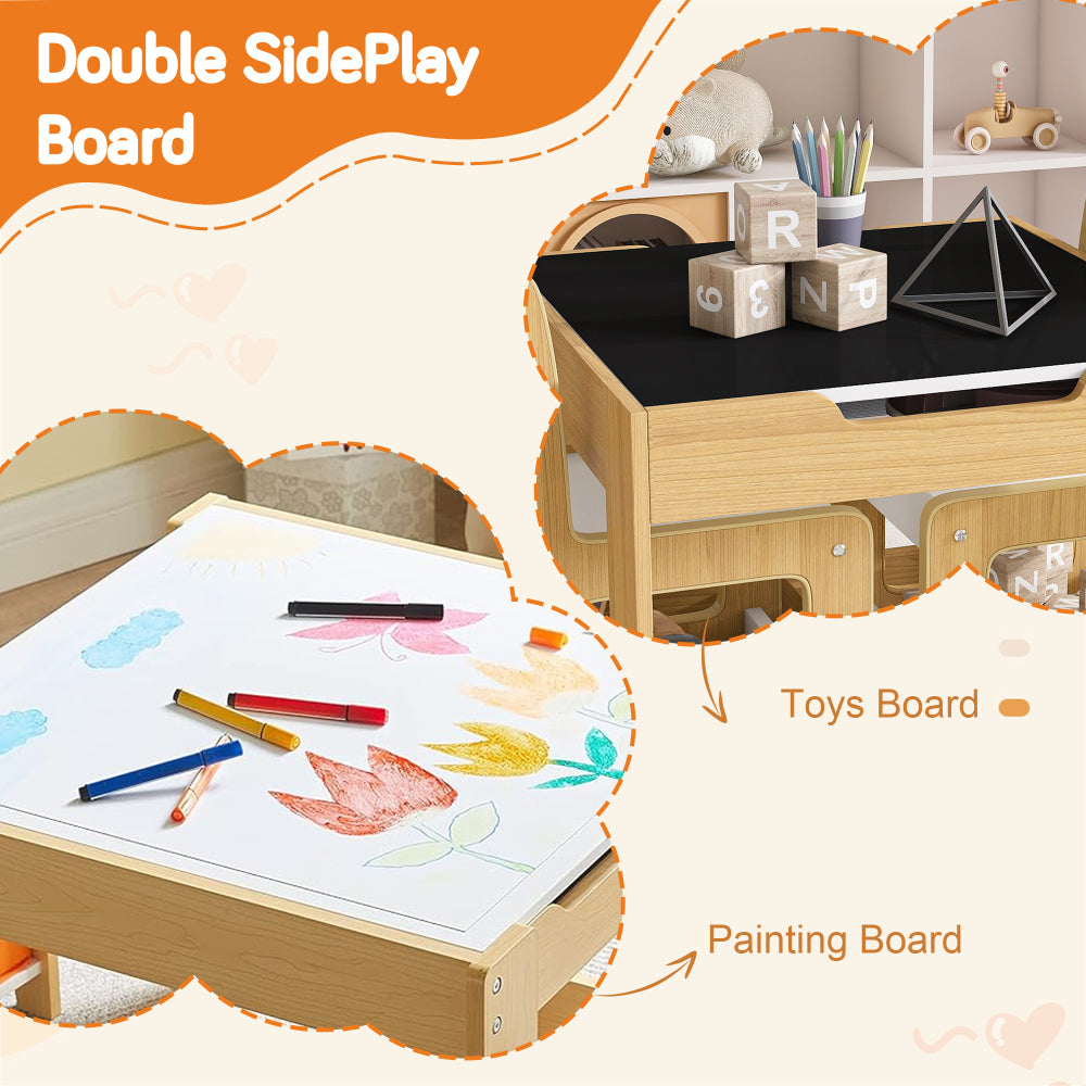 3-in-1 Kids Study Table & Chairs Set - Multi-Functional Activity Table with Detachable Blackboard Top for Drawing/Reading/Play, Durable Engineered Wood (MDF) Nursery Furniture for Toddlers