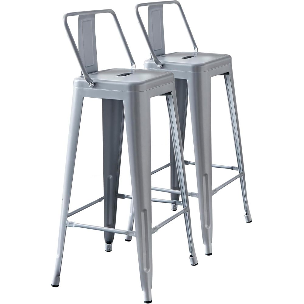 Modern Light Weight Industrial Contemporary Rustic Vintage Costal Metal Barstools with Bucket Back and 4 Leg Design, Seat Bar Stools (Set of 2) (30" Seat, Distressed White)