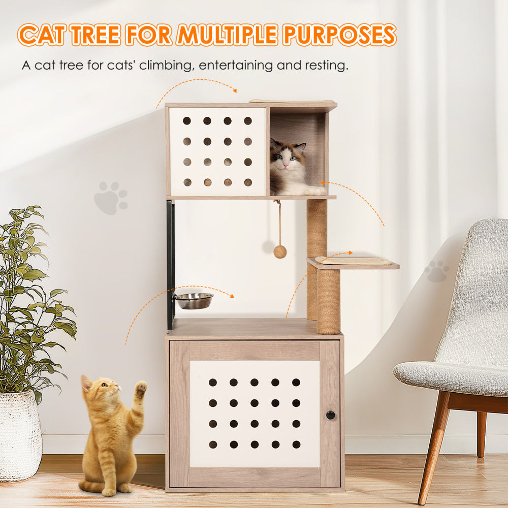 Cat Tree with Litter Box Enclosure, All-in-one Cat Tower for Indoor Cats with Large Hammock, Bed, Food Station, Scratching Posts, Modern Style Pet Furniture, Gray+white