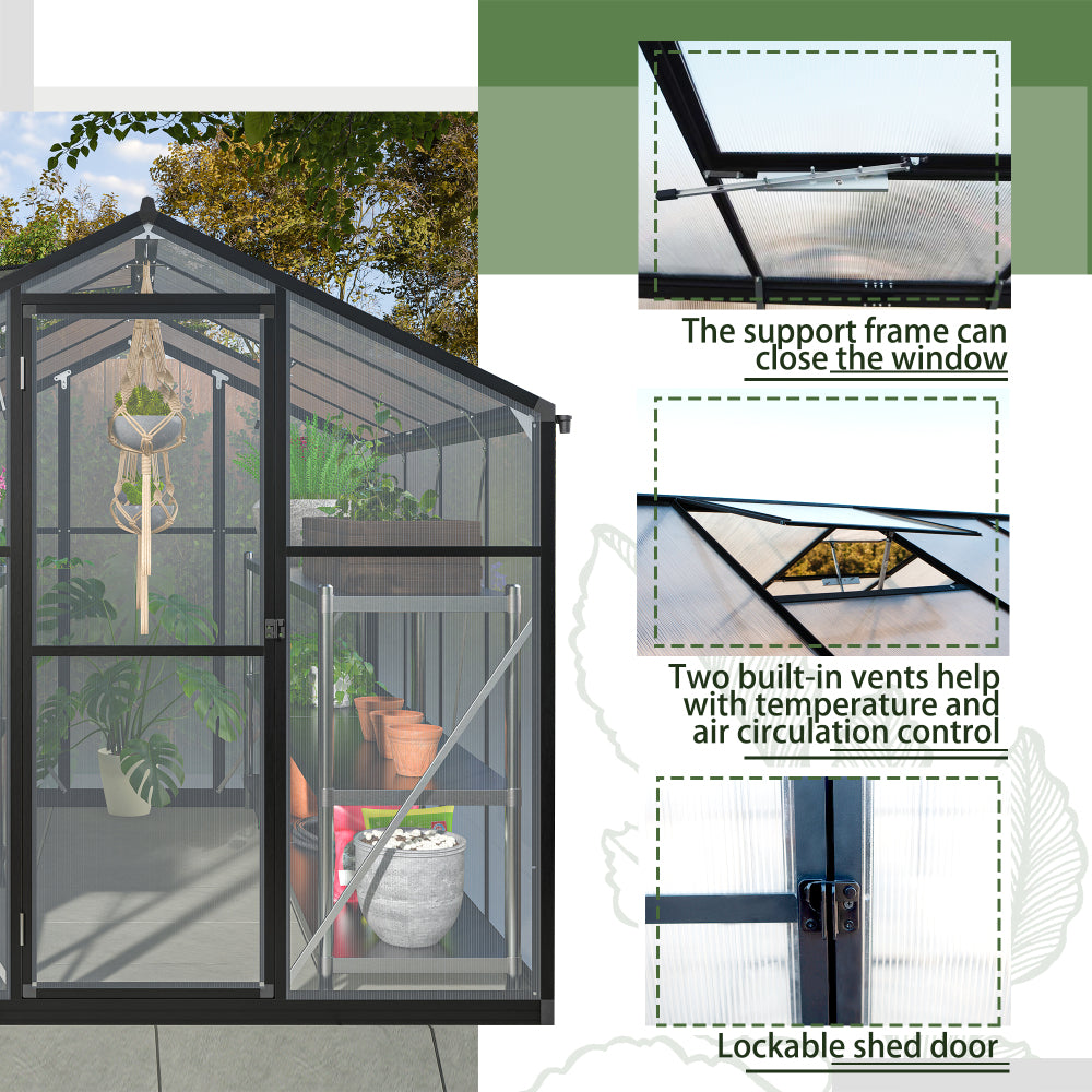 6x8 FT Greenhouse for Outdoors, Polycarbonate Greenhouse with Quick Setup Structure and Roof Vent, Aluminum Large Walk-in Greenhouse for Outside Garden Backyard, Black