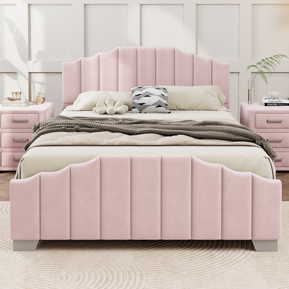 3 Pieces Bedroom Sets Queen Size Velvet Upholstered Platform Bed Vertical Channel Tufted Headboard and Two Three-drawer Nightstands,Pink