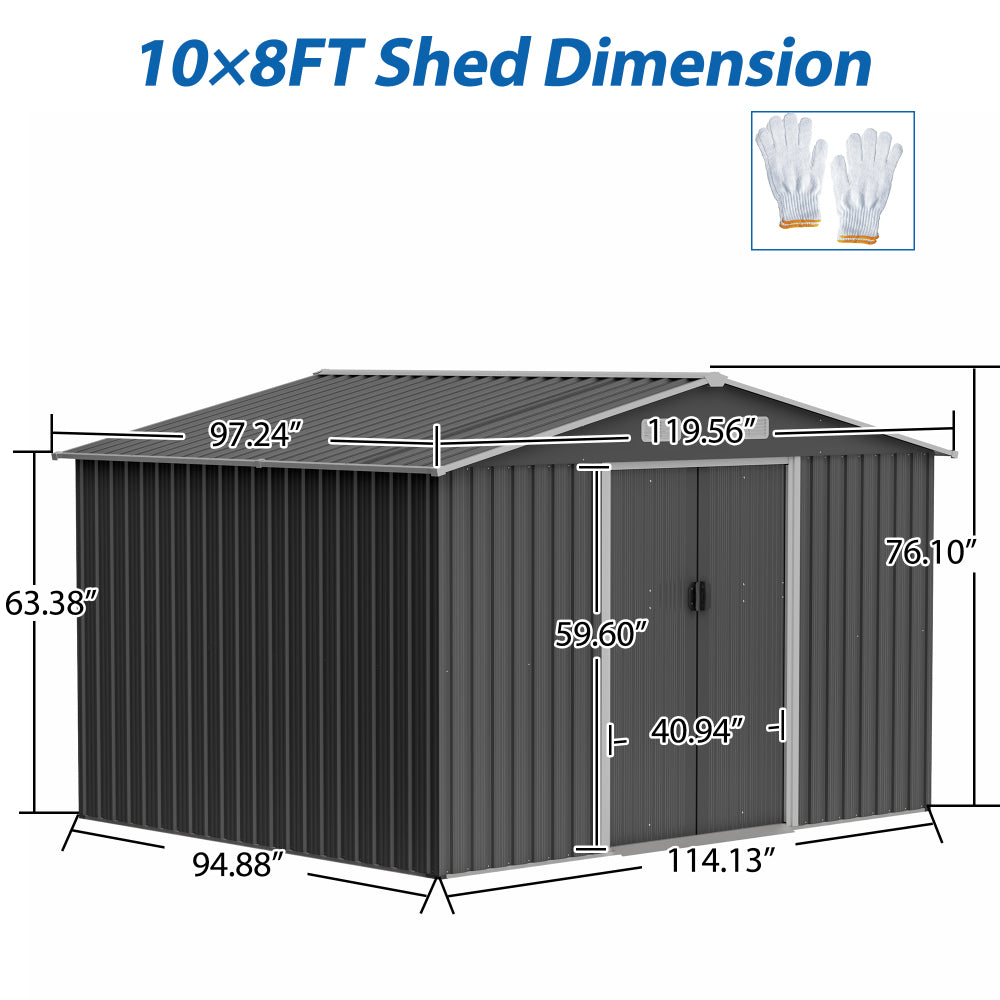 10X8 FT Outdoor Storage Shed,  Metal Foundation & Lockable Doors, Tool Shed for Garden, Patio, Backyard, Lawn, Grey