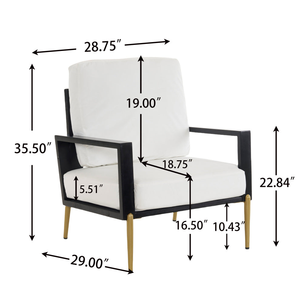 Modern Low Back White Upholstered Accent Armchair with Gold Metal Legs & Rubberwood Frame, Chic Wide Armrest Minimalist Lounge Chair with Pillow Back, Single Sofa Chair for Living Room&Balcony, White