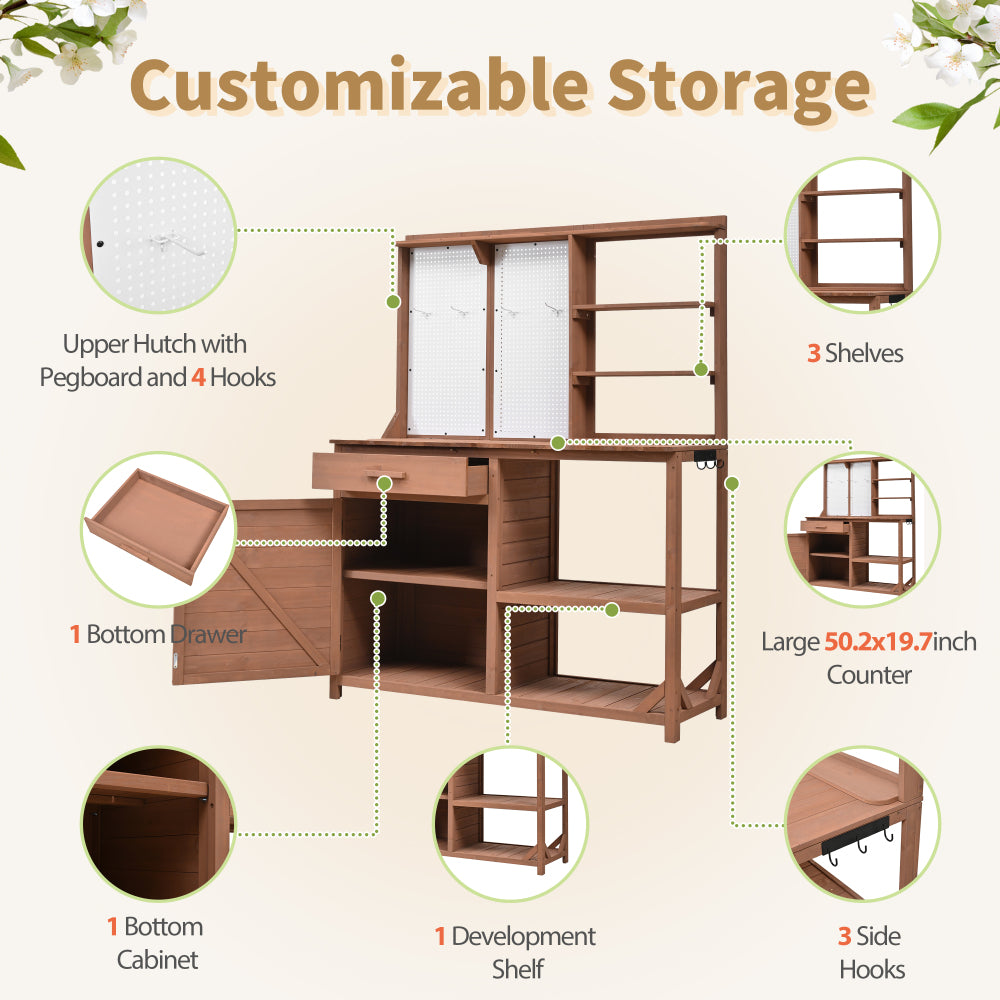 [Assembly Video] TOPMAX Fir Wood Potting Bench with Hutch, Garden Workstation for Planting, 4 Shelves & Adjustable Storage, Pegboard with Hooks, 50.2''Countertop, Drawer & Cabinet, Brown